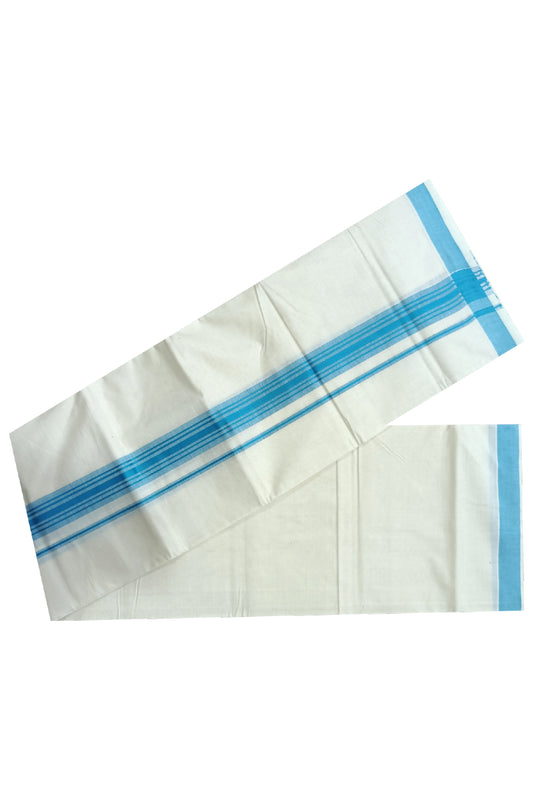 Off White Kerala Double Mundu with Light Blue Lines Border (South Indian Dhoti)