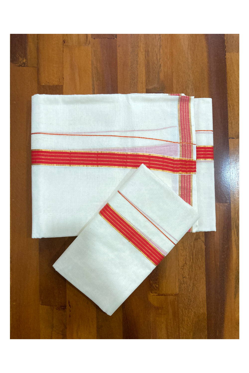 Mundum Neriyathum Double (Set Mundu) with Reddish Pink and Kasavu Border