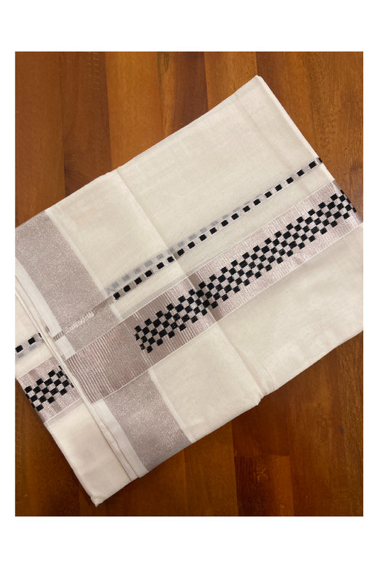 Southloom Handloom Premium Silver Kasavu Double Dhoti with Woven Design Border