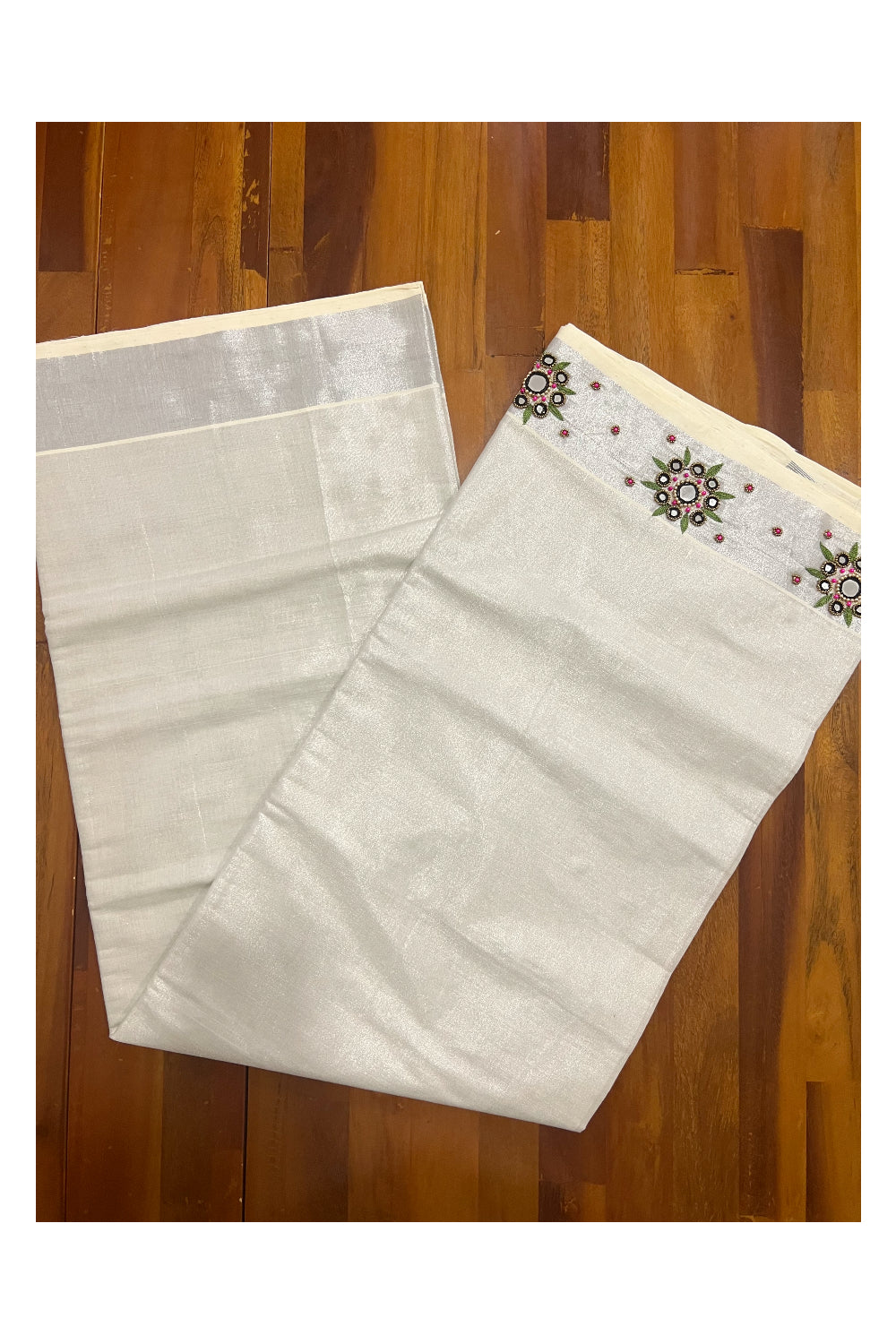 Kerala Silver Tissue Kasavu Saree with Embroidery Bead and Mirrorwork Design