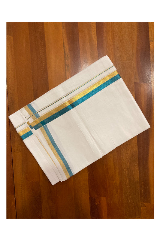 Southloom Premium Handloom Cotton Pure White Mundu with Golden and Teal Blue Kasavu Border (South Indian Dhoti)