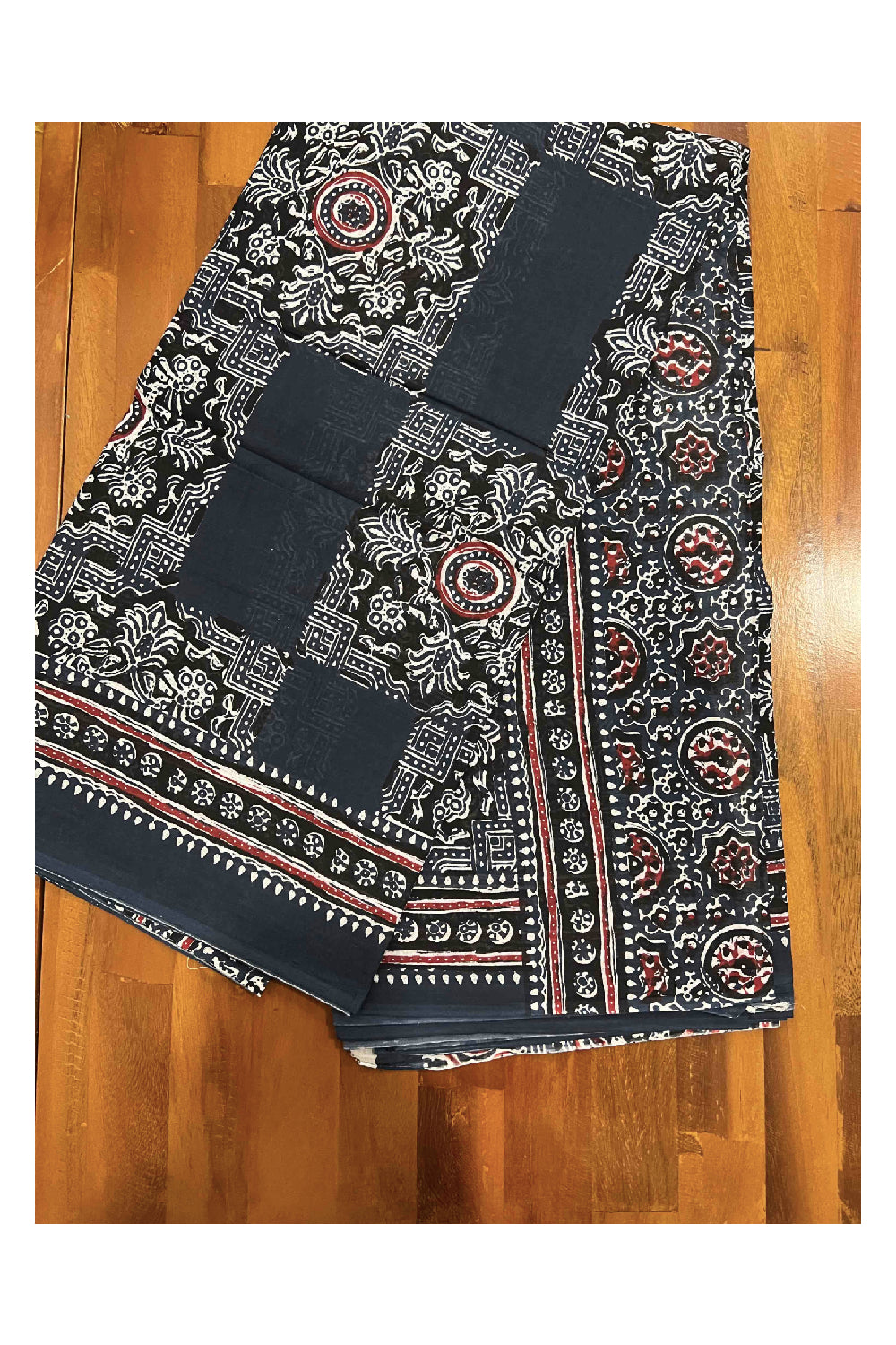 Southloom Pure Cotton White Floral Prints on Dark Blue Designer Saree