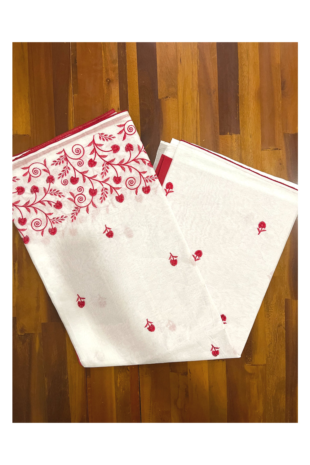 Southloom Cotton Pure White Saree with Designer Red Floral Thread works on Body