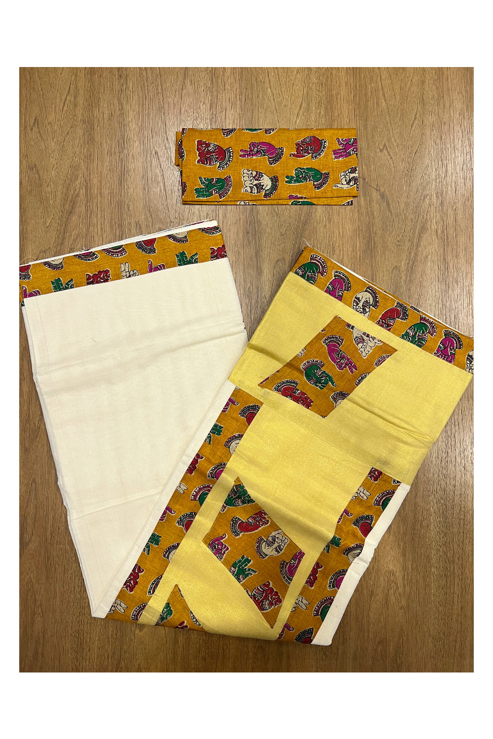 Kerala Pure Cotton Fusion Art Brown Hand Figures Printed Kasavu Saree with Printed Blouse Piece