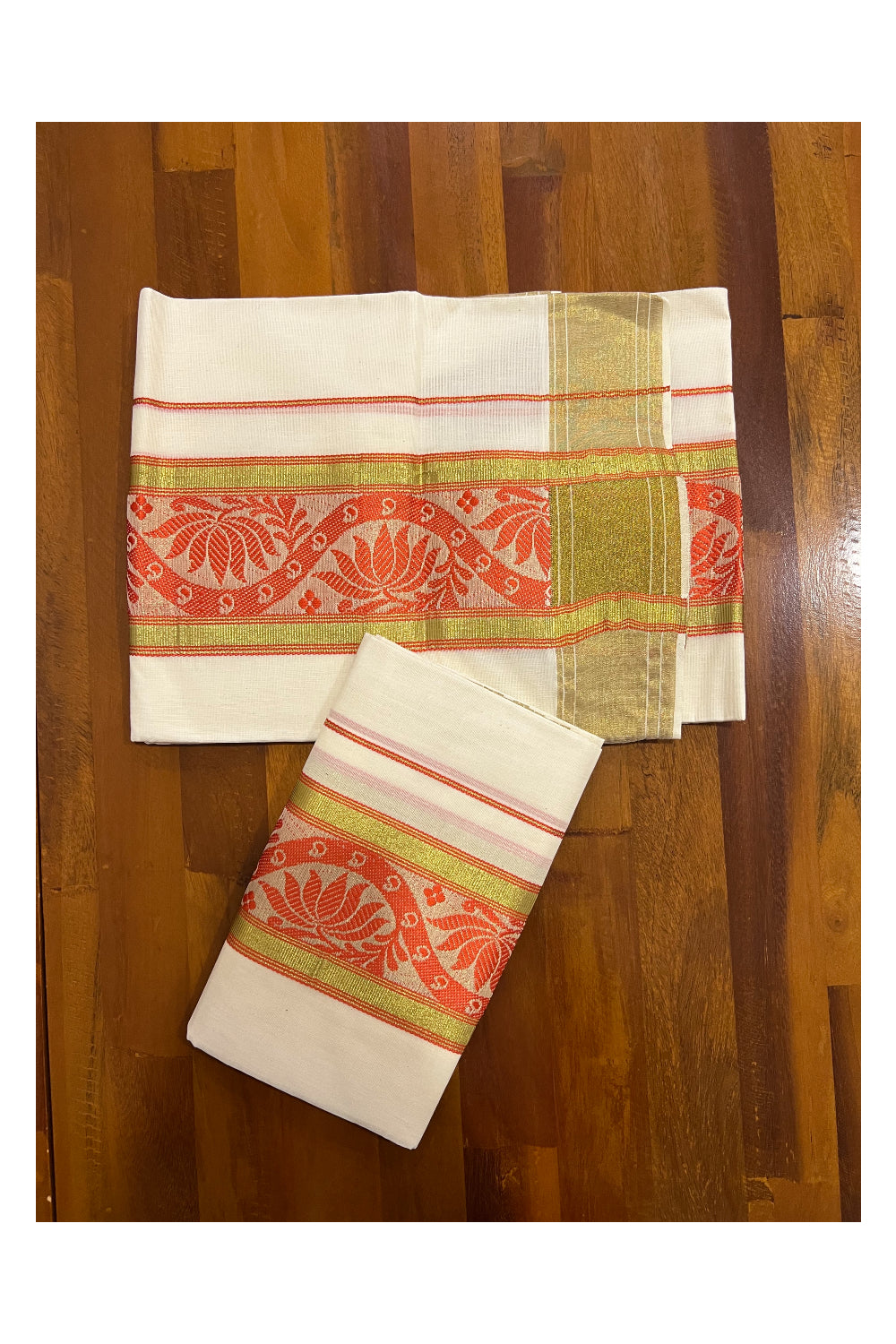 Kerala Cotton Kasavu Set Mundu (Mundum Neriyathum) with Red Floral Woven Border