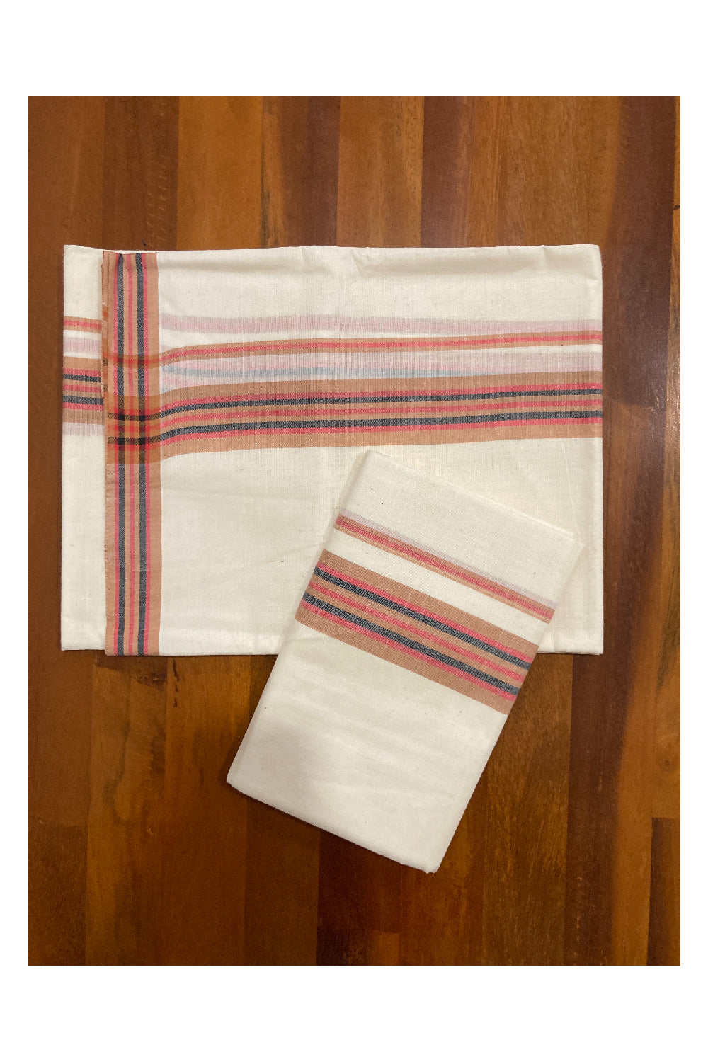 Kerala Cotton Mundum Neriyathum Single (Set Mundu) with Orange and Red Mulloth Border (Extra Soft Cotton)