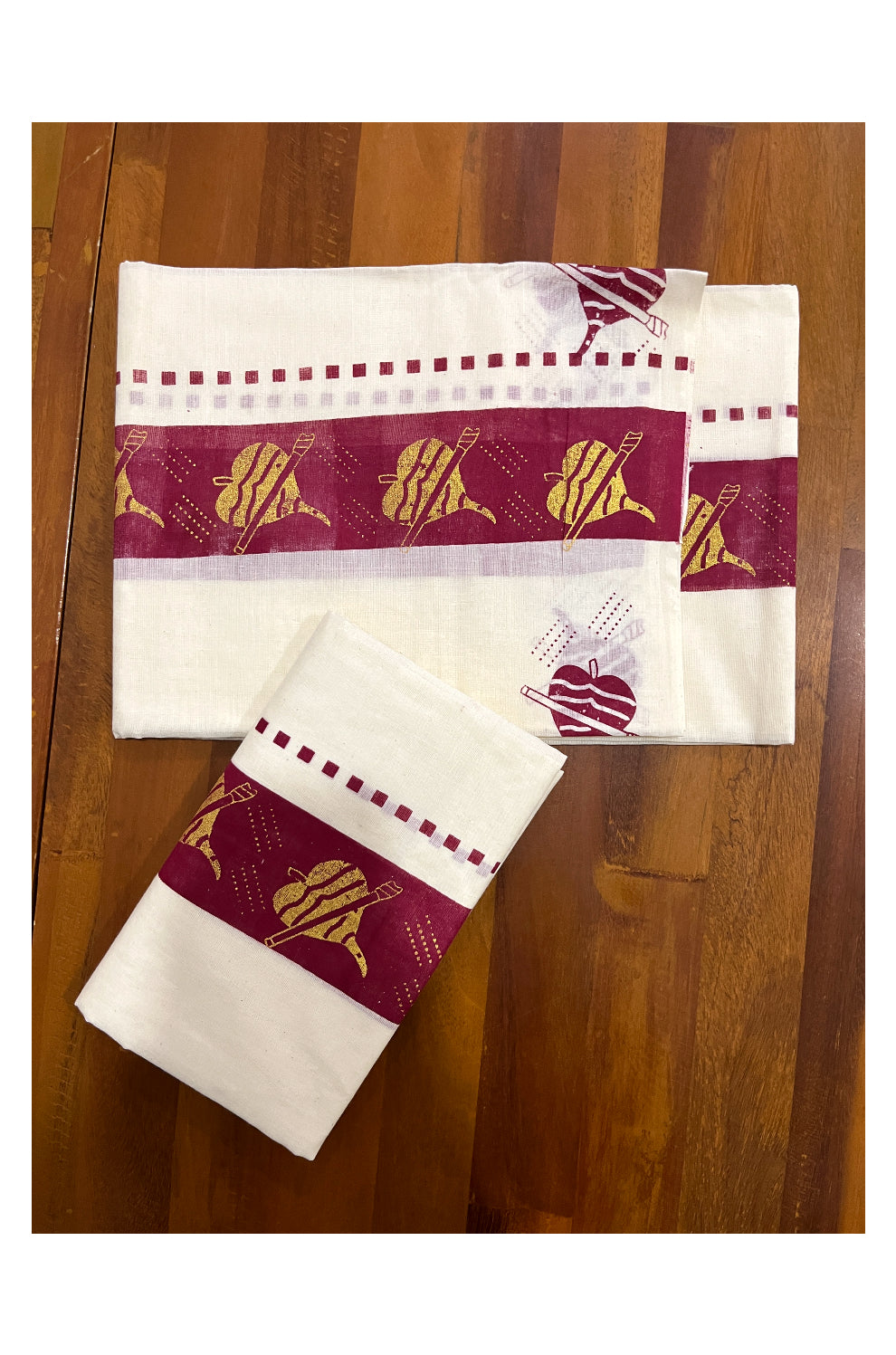 Kerala Cotton Set Mundu (Mundum Neriyathum) with Golden Leaf and Flute Block Prints on Maroon Border 2.80 Mtrs