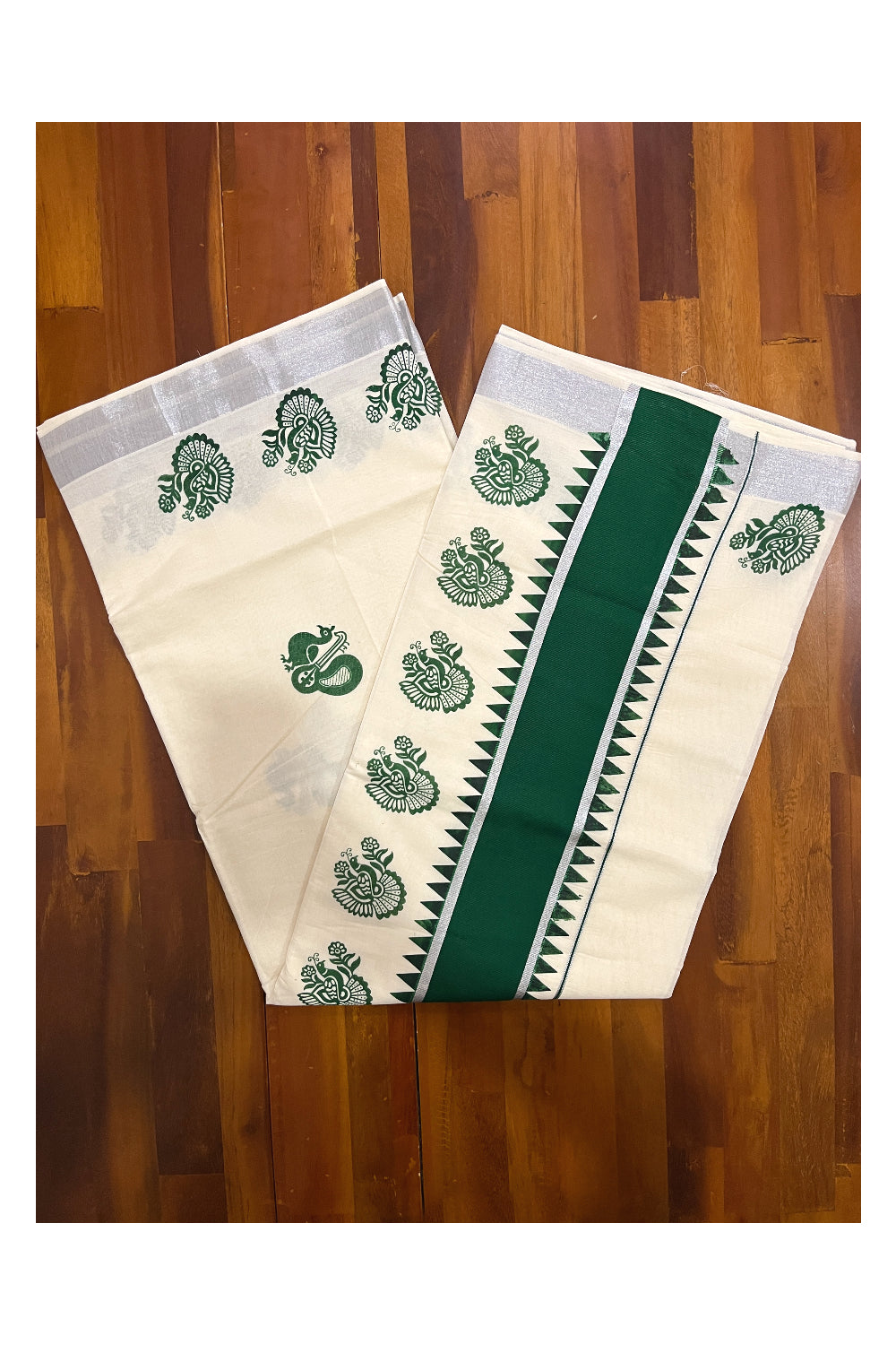 Pure Cotton Kerala Saree with Green Peacock Block Prints and Silver Kasavu Temple Border (Vishu Saree 2023)