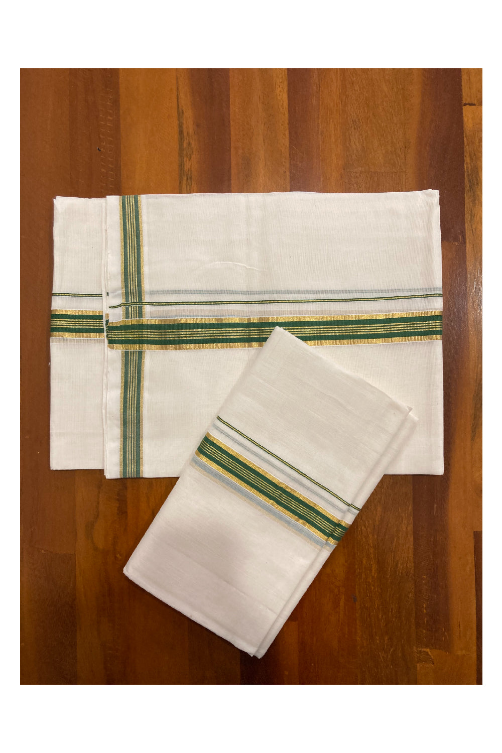 Southloom Premium Handloom Set Mundu with Kasavu and Green Border