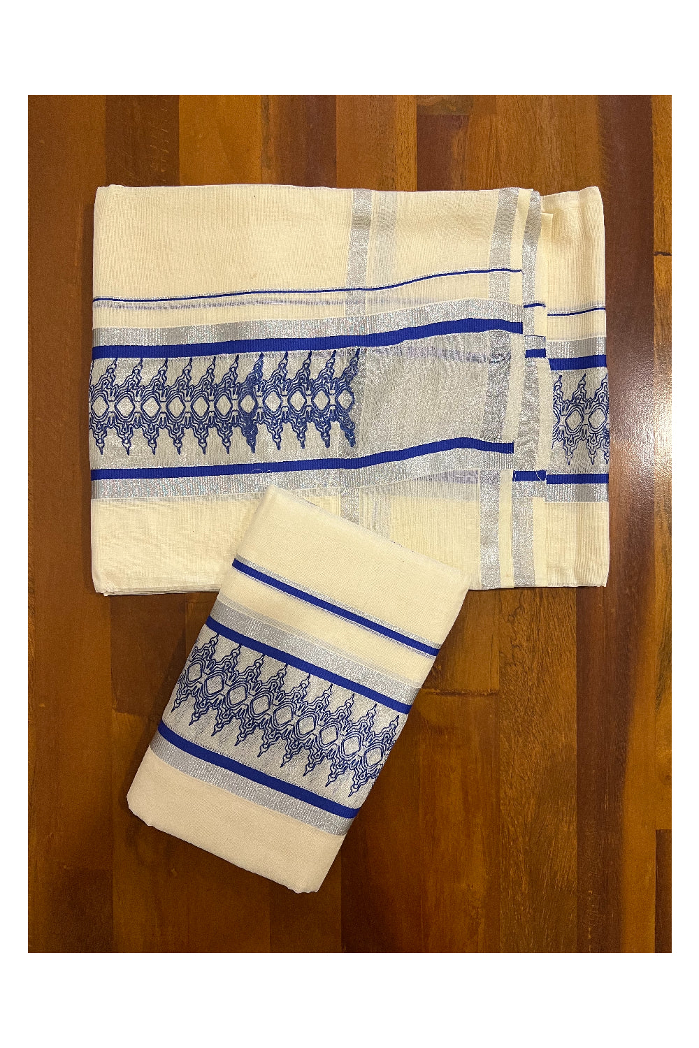 Cotton Silver Kasavu Set Mundu (Mundum Neriyathum) with Blue Block Prints on Border