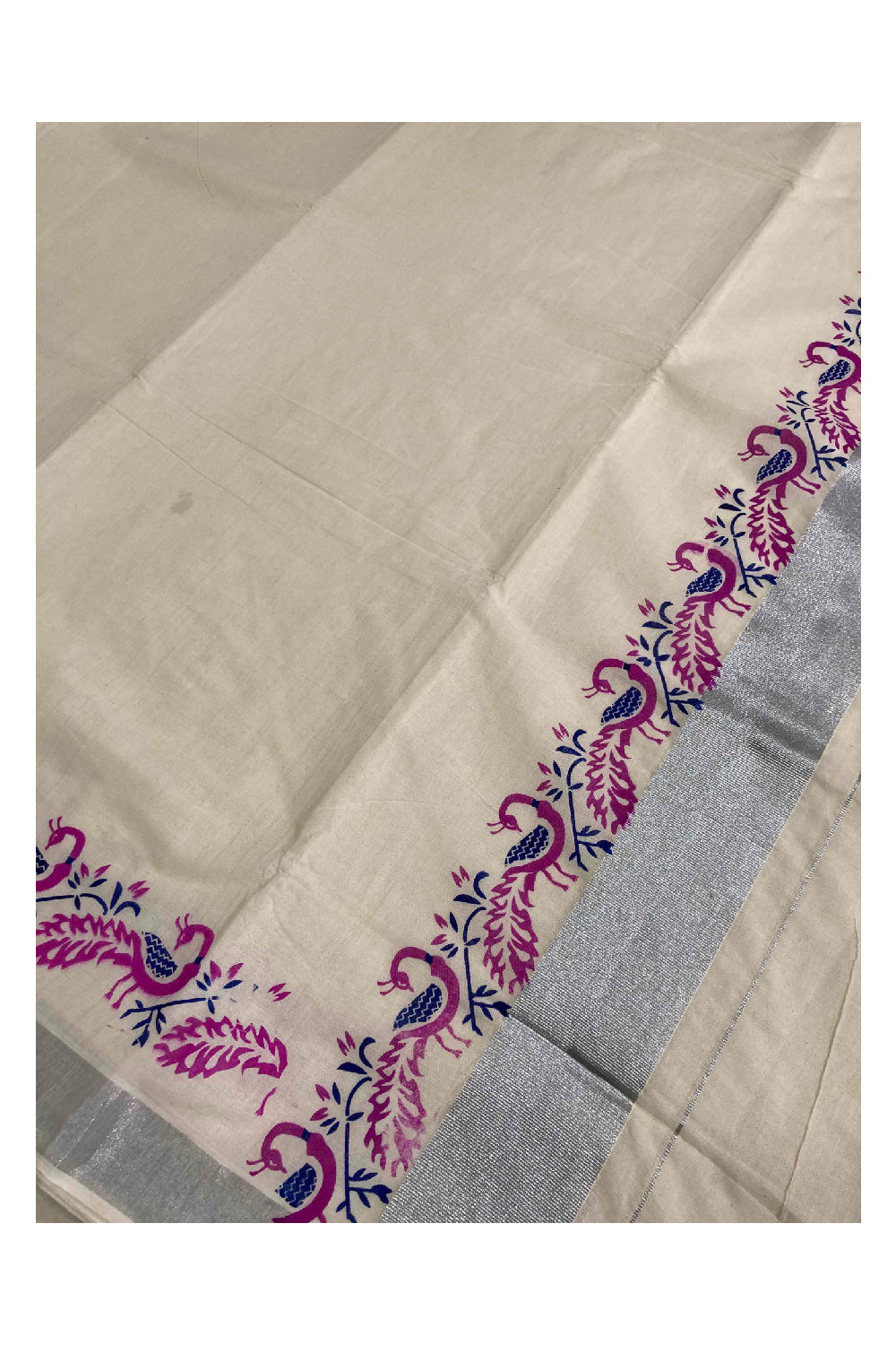 Kerala Pure Cotton Silver Kasavu Saree with Peacock Magenta Block Printed Border