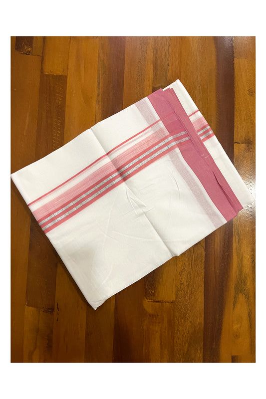 Pure White Cotton Double Mundu with Silver Kasavu and Baby Pink Border (South Indian Dhoti)