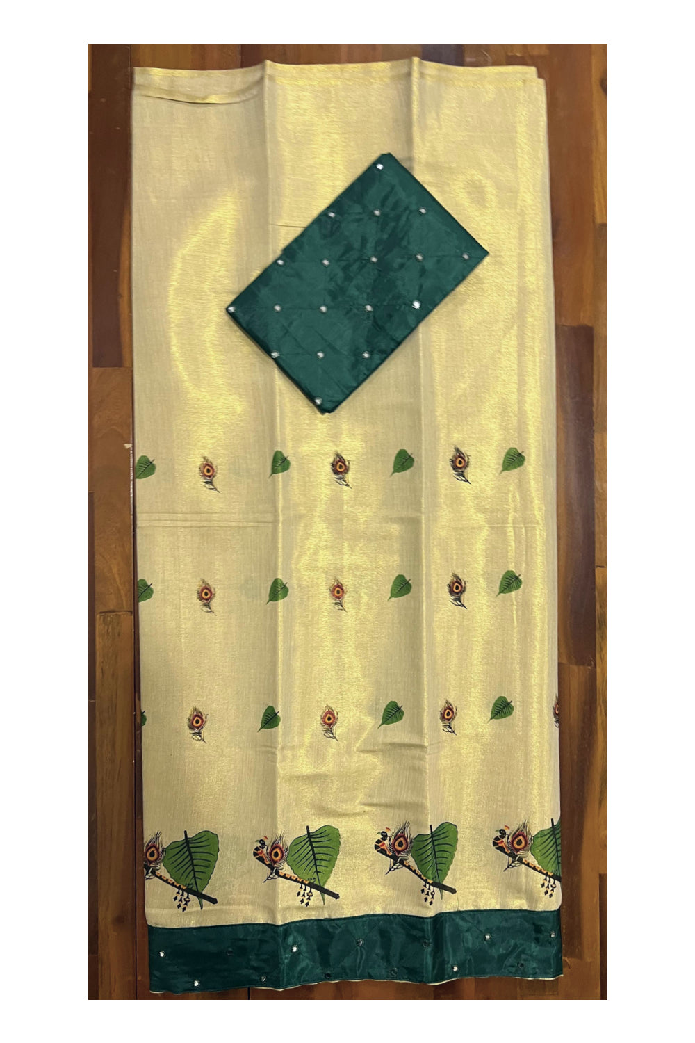 Kerala Tissue Mural Printed Pavada and Green Blouse Material for Kids/Girls 4.3 Meters