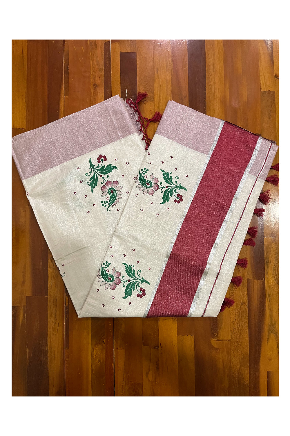 Kerala Tissue Kasavu Saree with Maroon Green Mural Floral Design and Tassels on Pallu