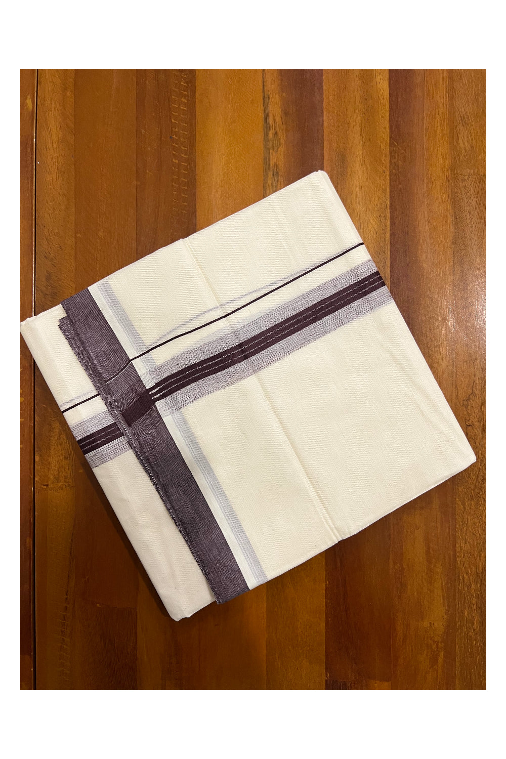 Pure Cotton Off White Double Mundu with Dark Brown Border (South Indian Dhoti)