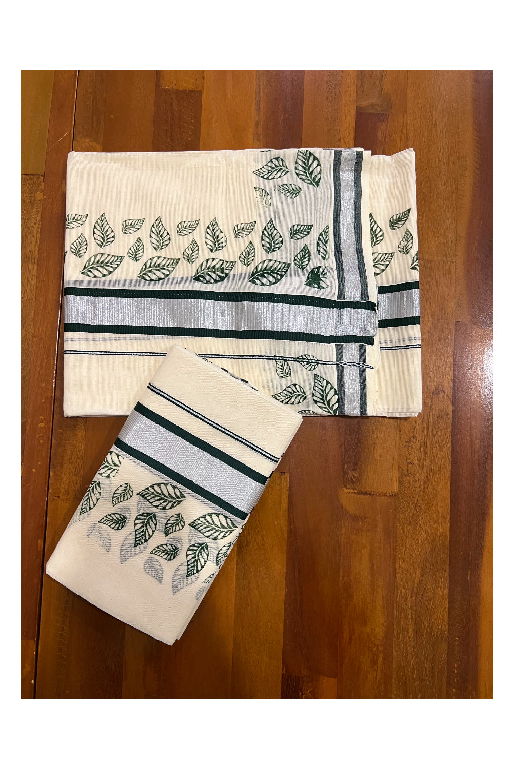 Cotton Silver Kasavu Set Mundu (Mundum Neriyathum) with Dark Green Leaf Block Prints on Border
