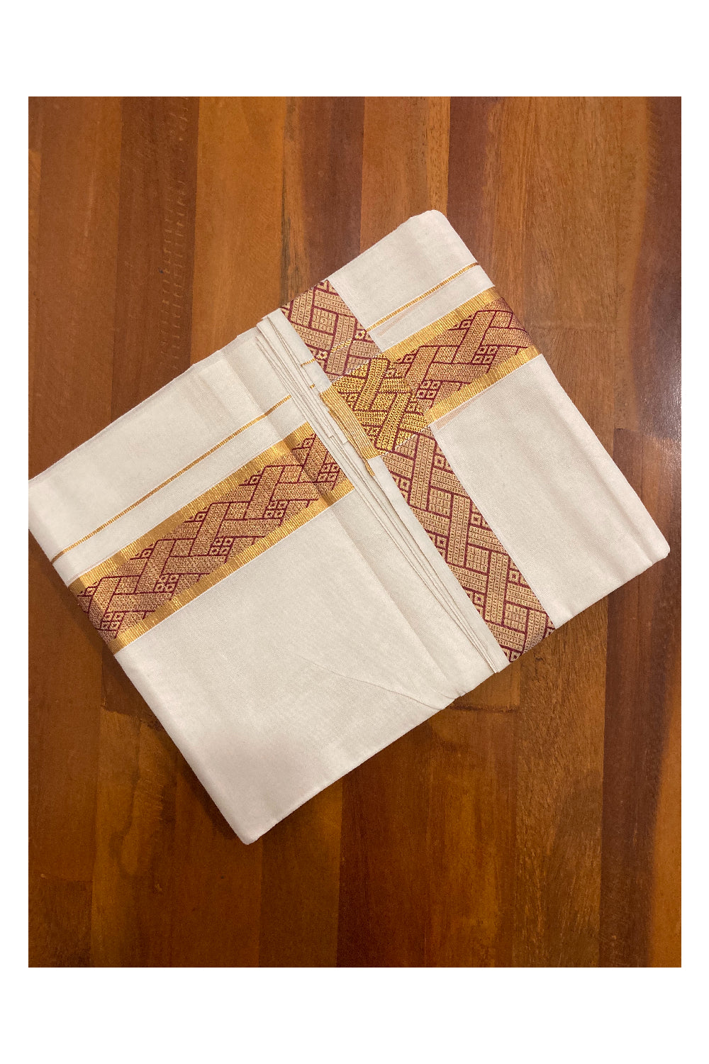 Off White Kerala Double Mundu with Kasavu and Red Woven Border (South Indian Dhoti)