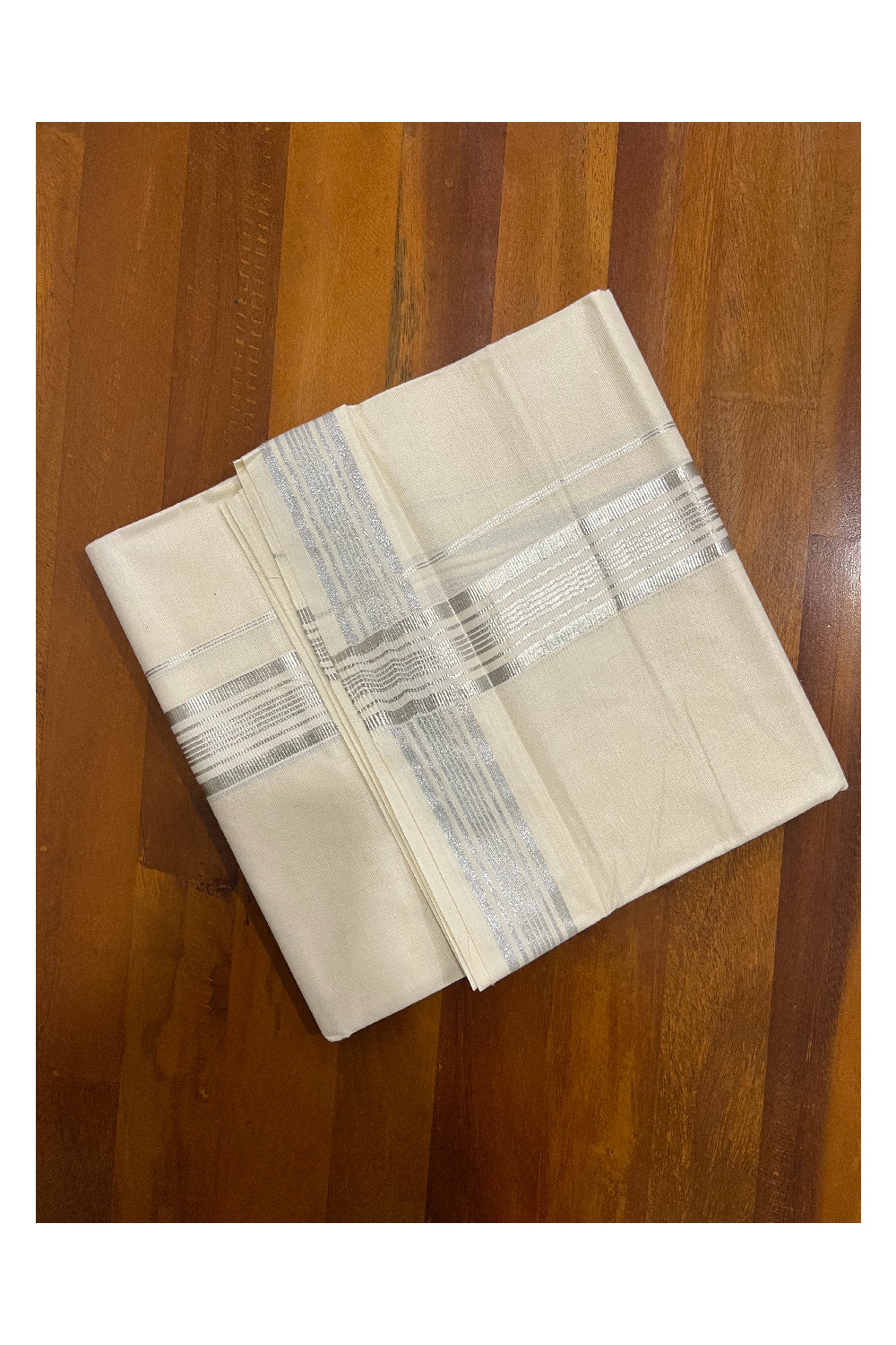 Pure Cotton Off White Double Mundu with Silver Kasavu Line Border (South Indian Dhoti)