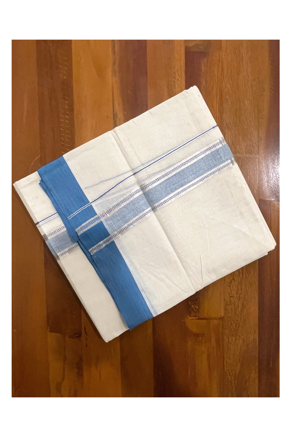 Pure Cotton Off White Double Mundu with Silver Kasavu and Blue Border (South Indian Dhoti)