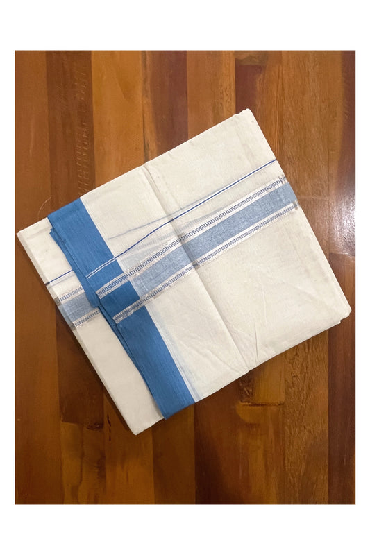 Pure Cotton Off White Double Mundu with Silver Kasavu and Blue Border (South Indian Dhoti)