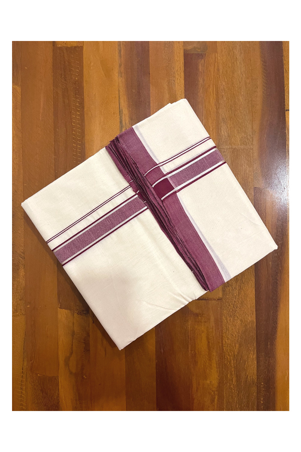 Southloom Premium Handloom Double Mundu with Maroon and Silver Kasavu Border