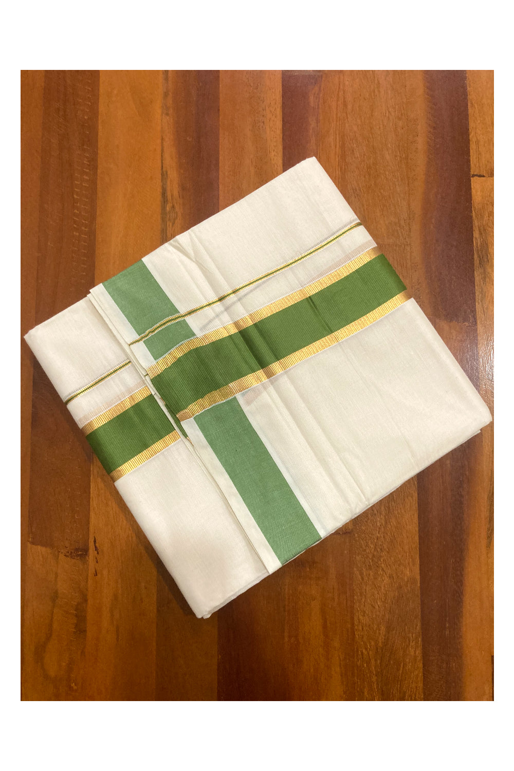 Pure Cotton Double Mundu with Green and Kasavu Border (South Indian Dhoti)