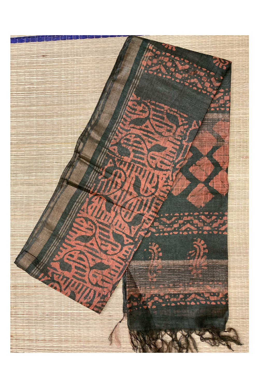 Southloom Cotton Green Designer Saree with Orange Baswara Print