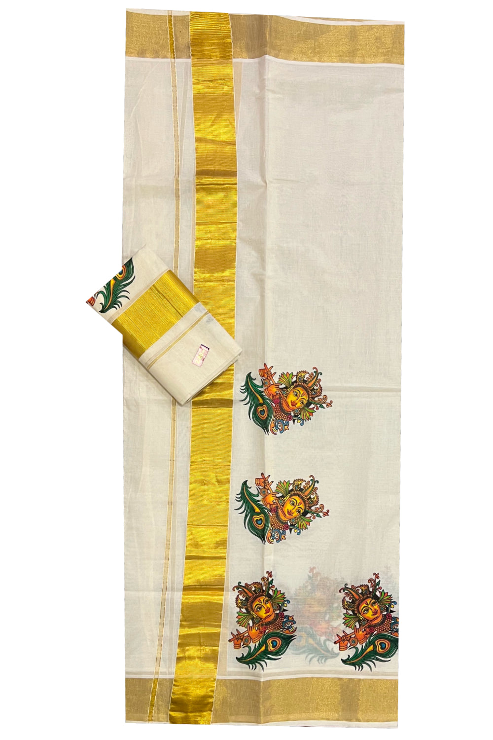 Pure Cotton Kasavu Set Mundu (Mundum Neriyathum) with Krishna Face Mural Prints on Border 2.80 Mtrs