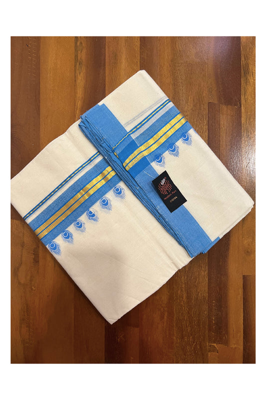 Southloom Balaramapuram Handloom Mundu with Blue and Kasavu Printed Border