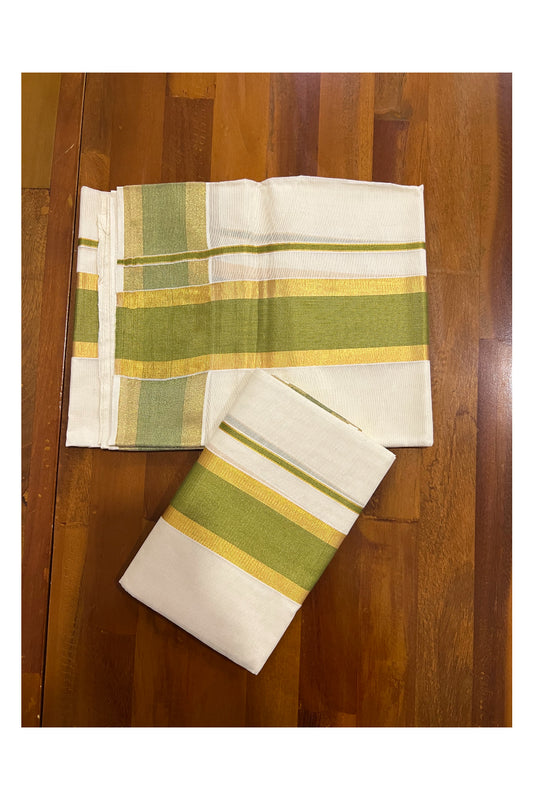 Kerala Cotton Mundum Neriyathum Single (Set Mundu) with Light Green and Kasavu Border 2.80 Mtrs