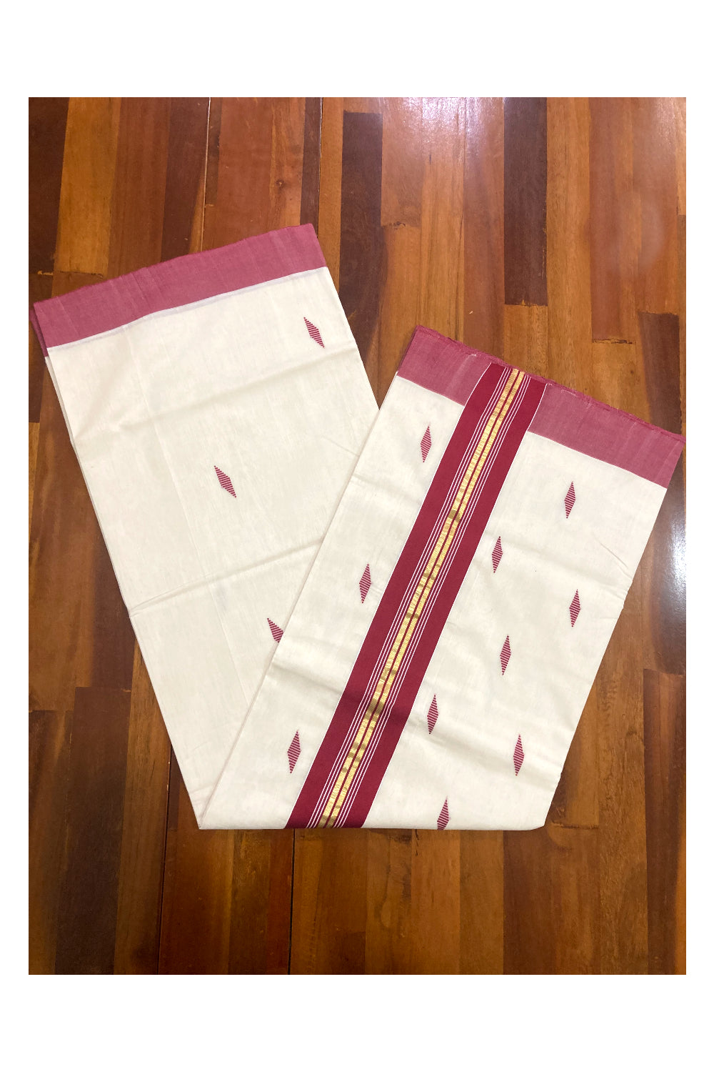 Southloom Premium Unakkupaavu Handloom Kerala Saree with Red and Pure Kasavu Border and Butta Works on Body