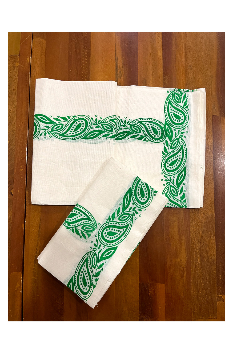 Kerala Cotton Set Mundu (Mundum Neriyathum) with Green Paisley Block Prints on Border 2.80 Mtrs