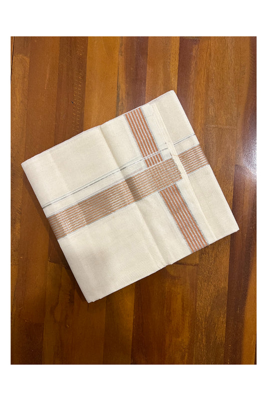 Southloom Kuthampully Handloom Pure Cotton Mundu with Silver Kasavu and Orange Border (South Indian Dhoti)