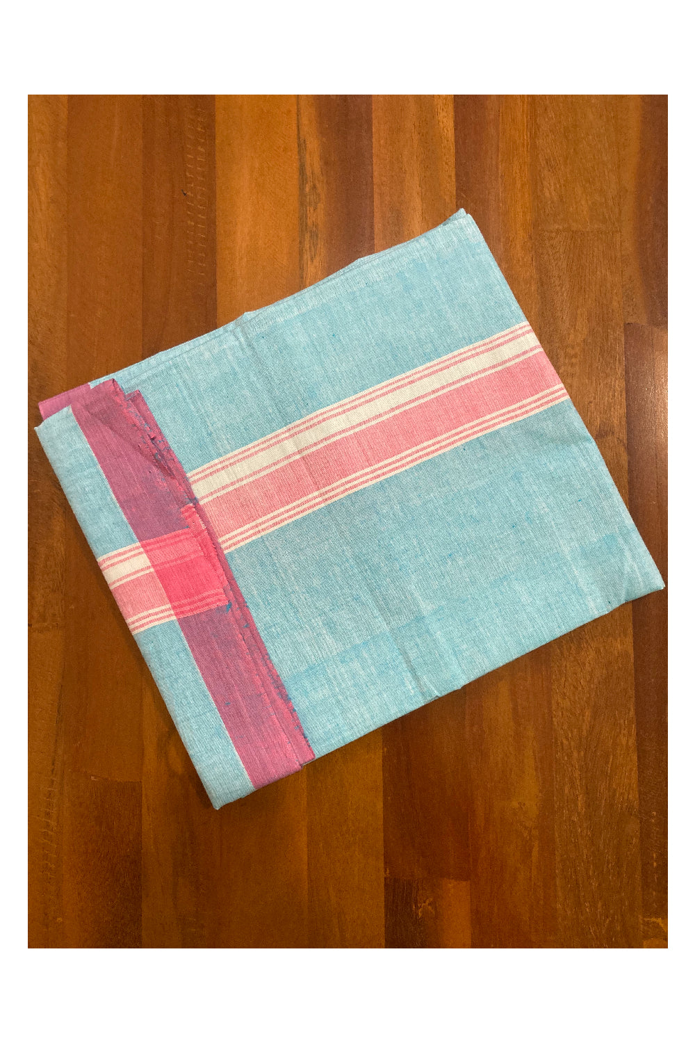 Southloom Premium Handloom Light Blue Solid Single Mundu (Lungi) with Pink Border