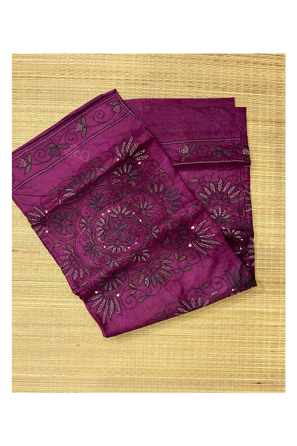 Southloom Kantha Thread Work Designer Wine Purple Saree