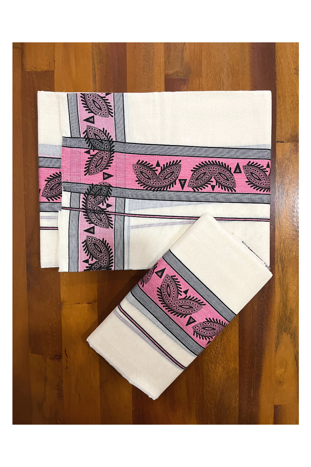 Pure Cotton Single Set Mundu (Mundum Neriyathum Vishu 2023) with Black Block Prints on Pink Border