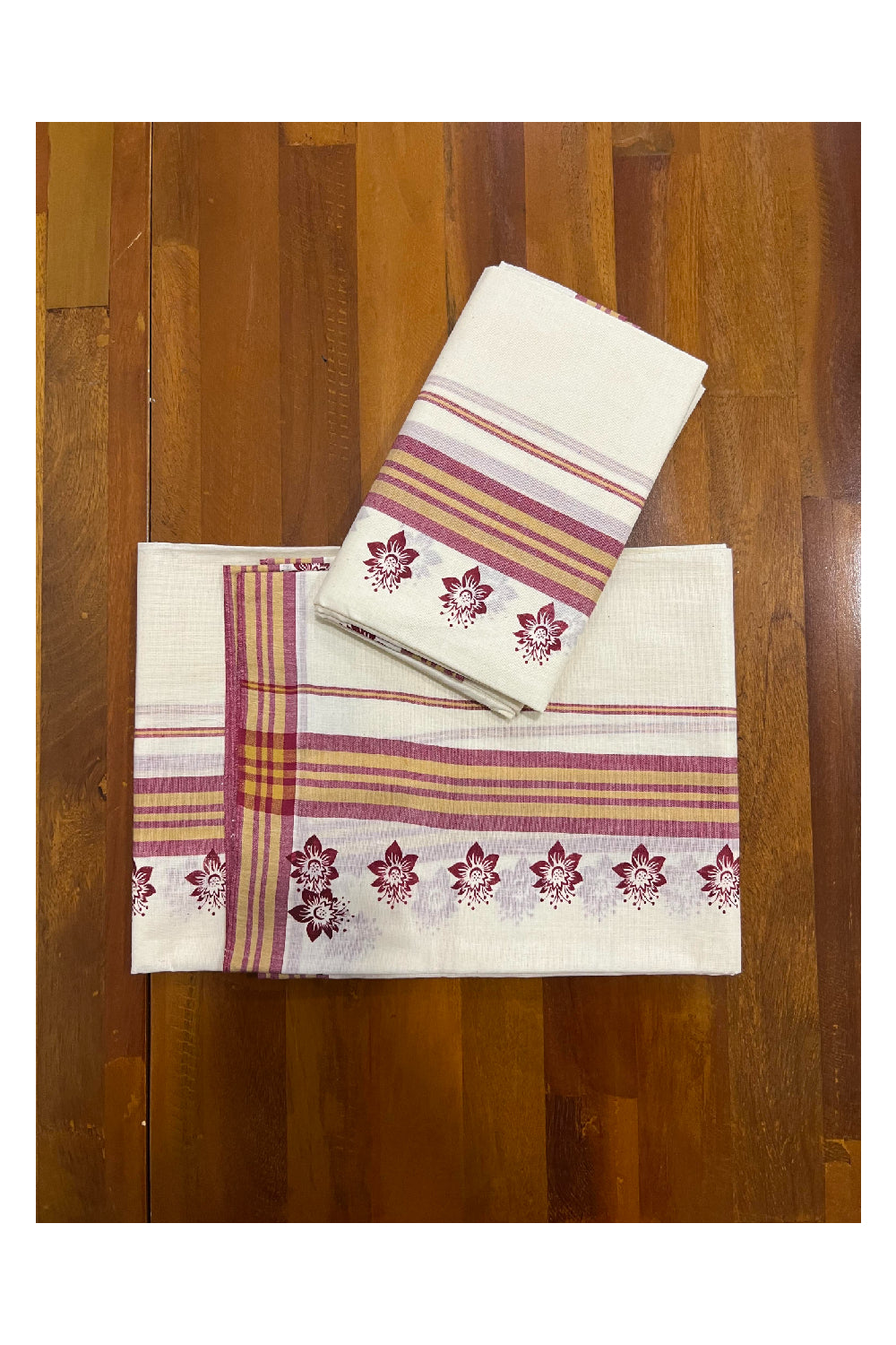 Kerala Cotton Mundum Neriyathum Single (Set Mundu) with Maroon Block Print and Mulloth Border (Extra Soft Cotton)