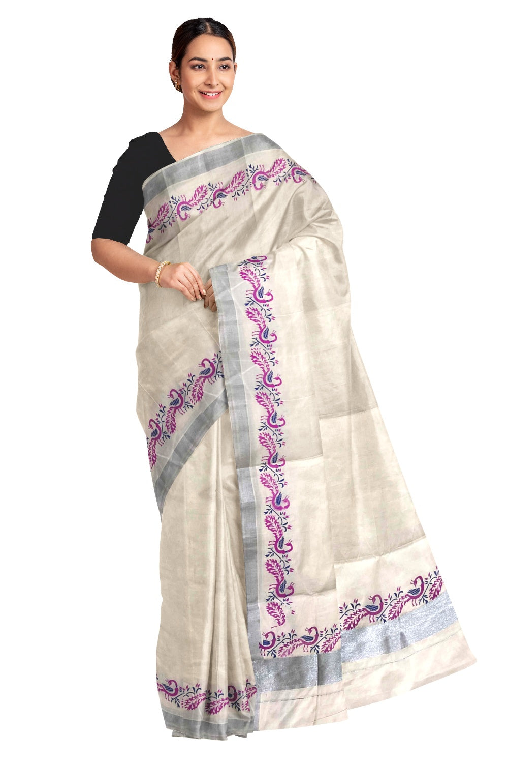 Kerala Pure Cotton Silver Kasavu Saree with Peacock Magenta Block Printed Border