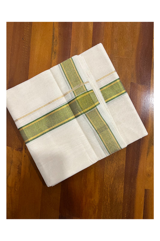 Southloom Kuthampully Handloom Pure Cotton Mundu with Golden and Light Green Kasavu Border (South Indian Dhoti)