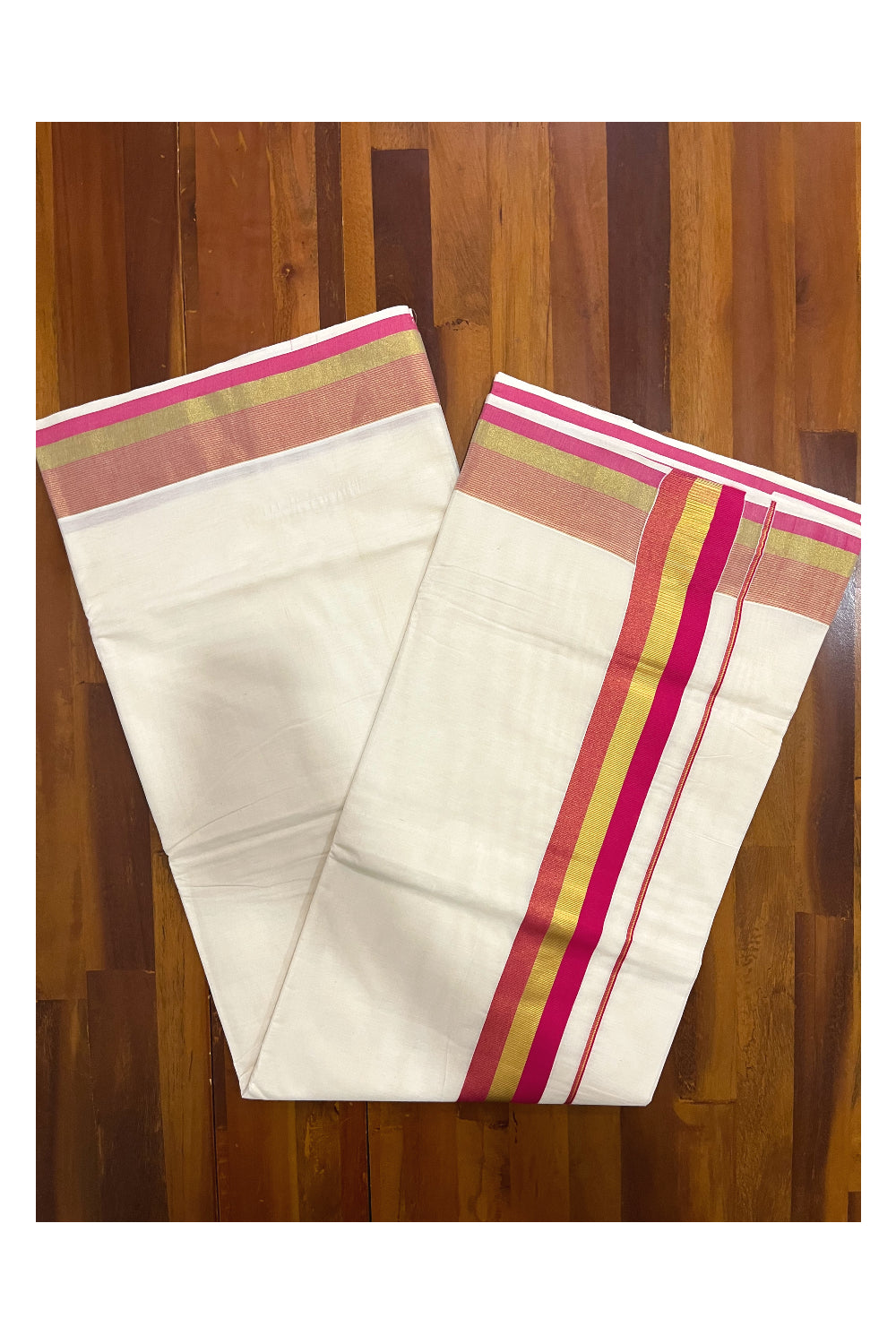 Kerala Pure Cotton Plain Saree with Kasavu and Dark Pink Border