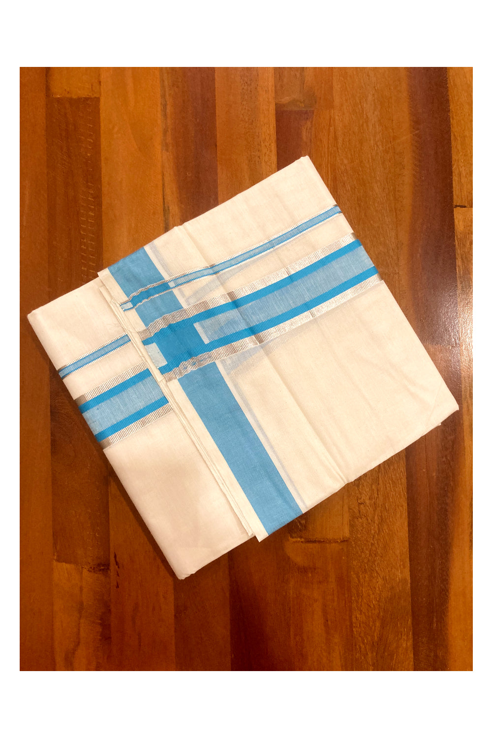 Pure Cotton Double Mundu with Blue and Silver Kasavu Border (South Indian Dhoti)