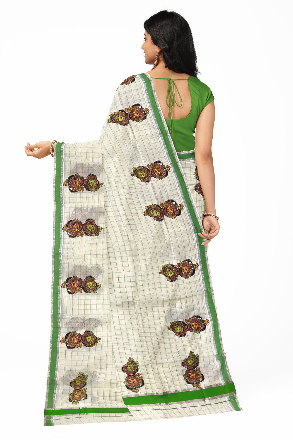 Pure Cotton Green Check Design Kerala Saree with Krishna Radha Mural Prints and Silver Border