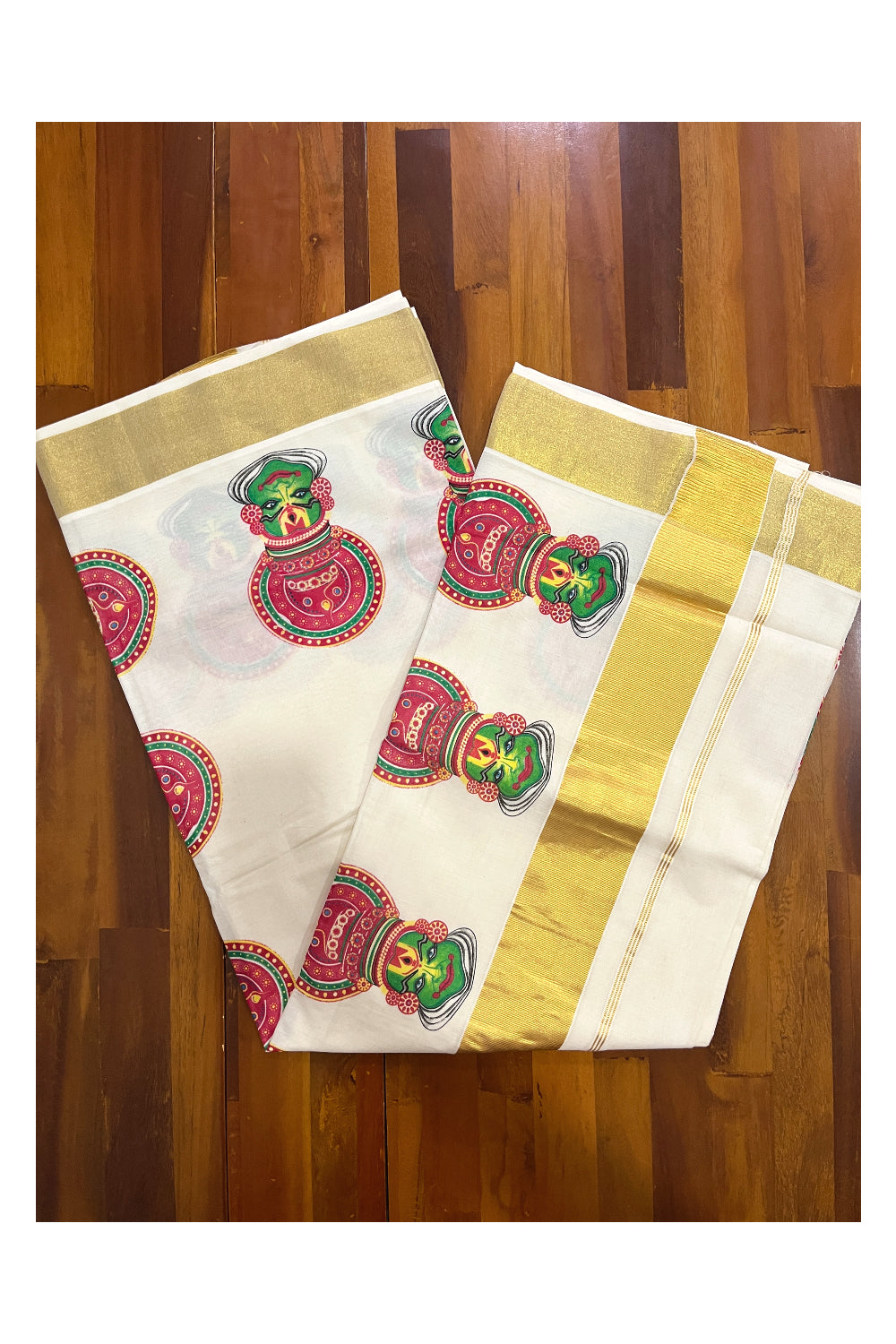 Pure Cotton Kerala Kasavu Saree with Mural Printed Kathakali Design