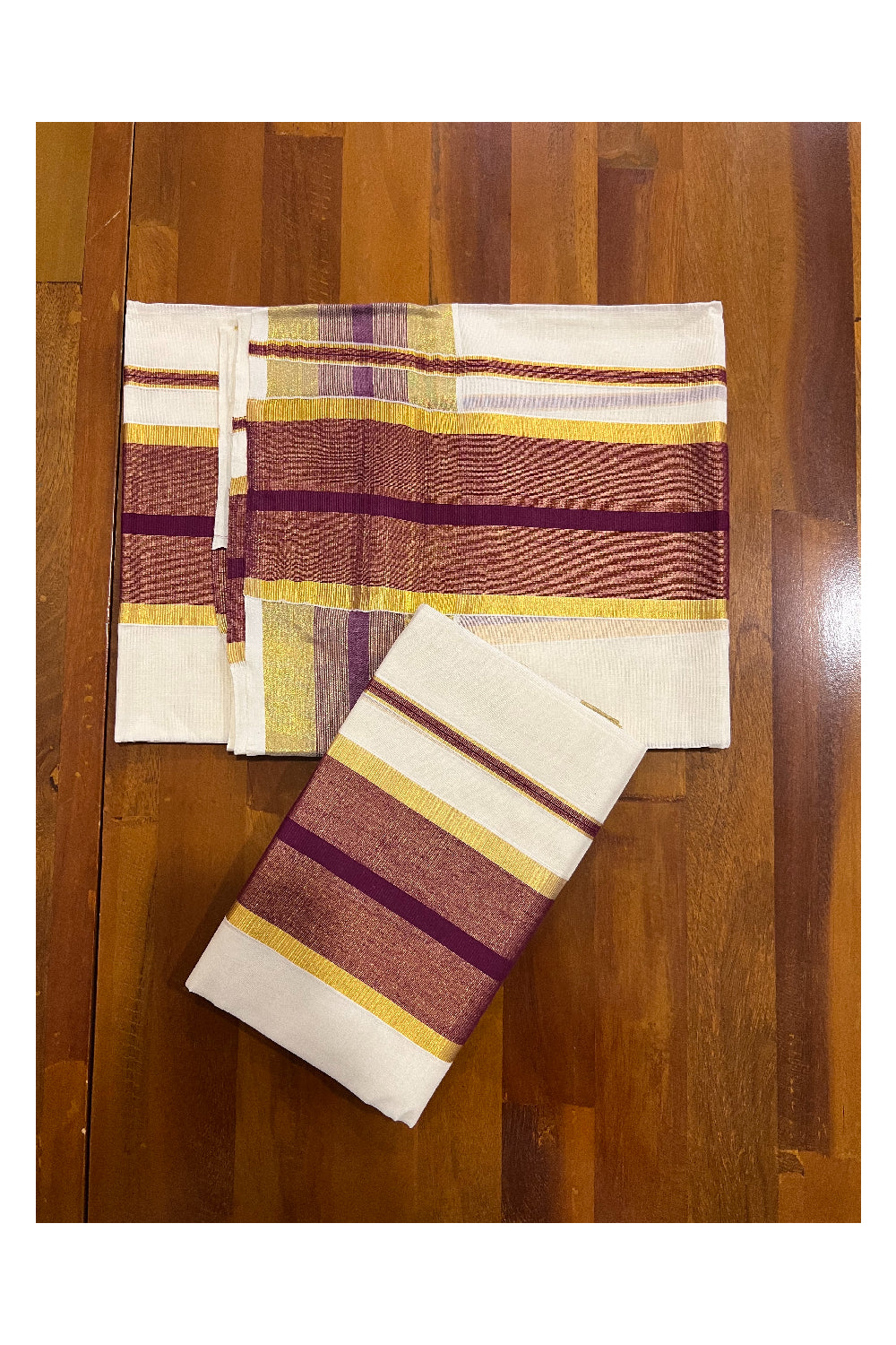 Pure Cotton Kerala Single Set Mundu (Mundum Neriyathum) with Purple and Kasavu Border 2.80 Mtrs