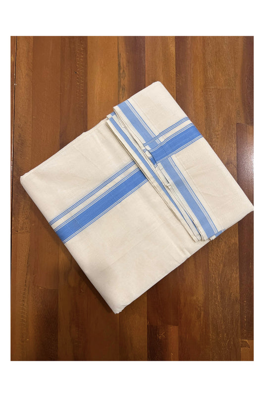 Off White Pure Cotton Double Mundu with Light Blue Kara (South Indian Dhoti)