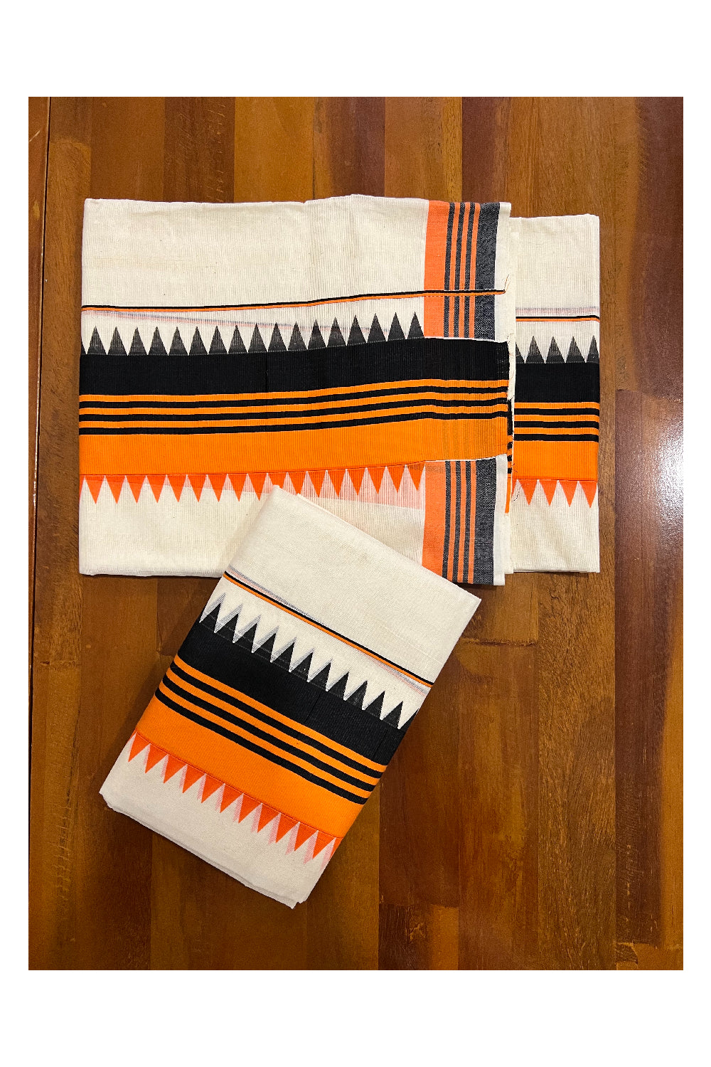 Pure Cotton Set Mundu (Mundum Neriyathum) with Orange and Black Temple Block Prints on Border