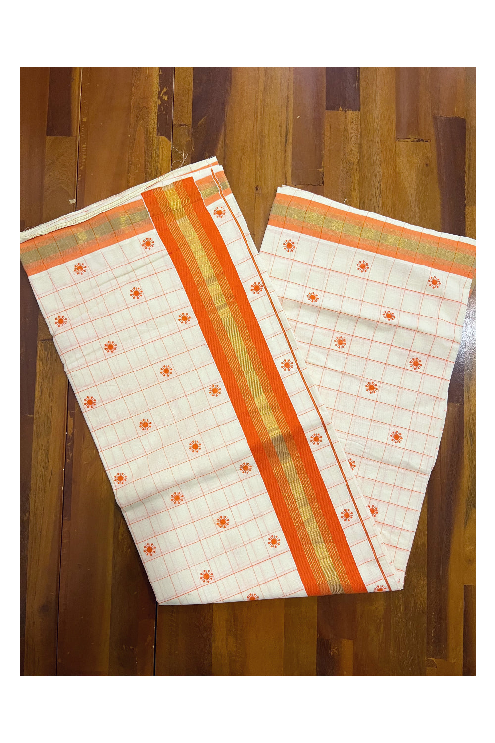 Pure Cotton Kerala Checkered Saree with Orange Block Prints and Kasavu Border