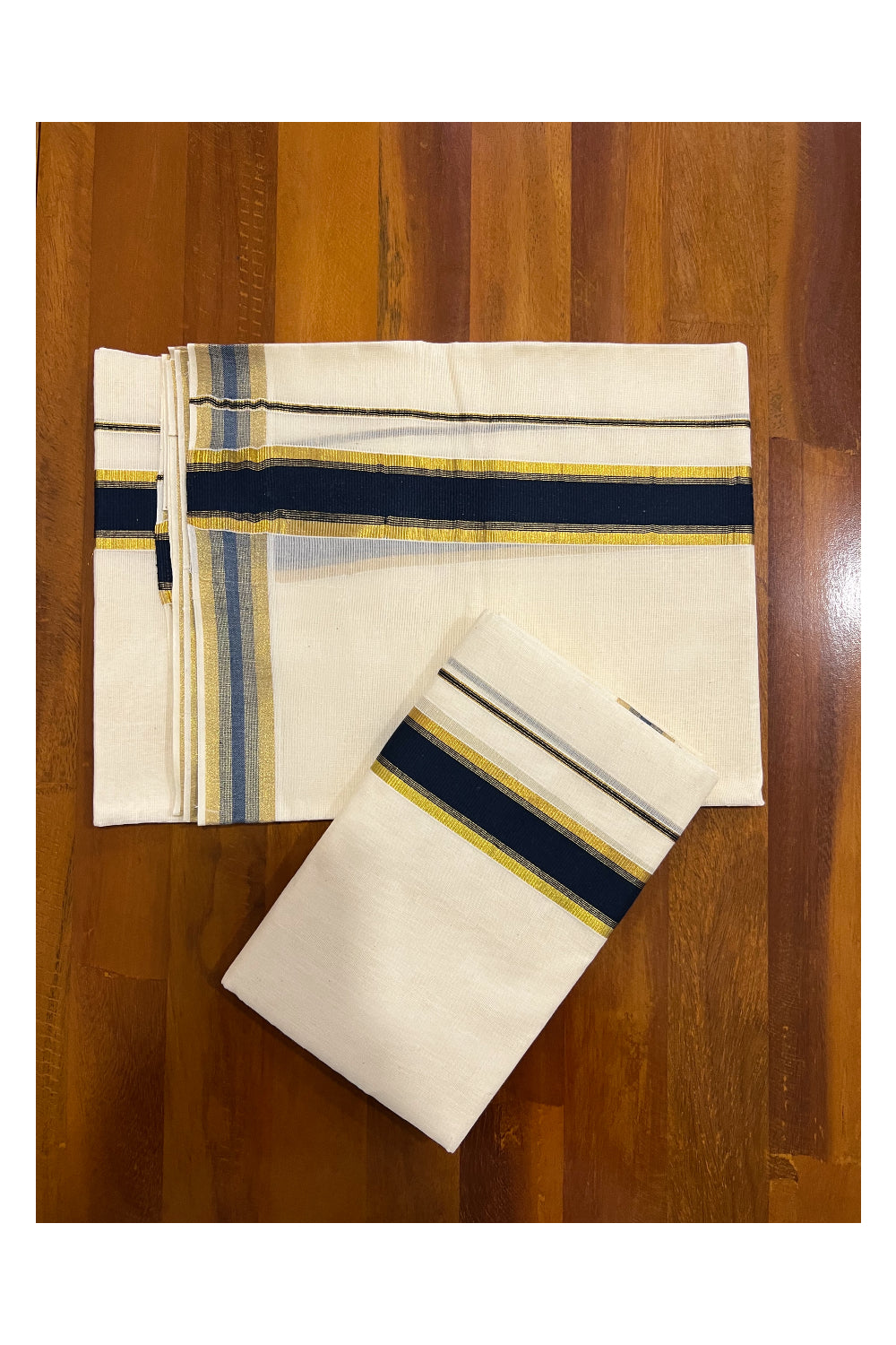 Pure Cotton Kerala Single Set Mundu (Mundum Neriyathum) with Navy Blue and Kasavu Border 2.80 Mtrs