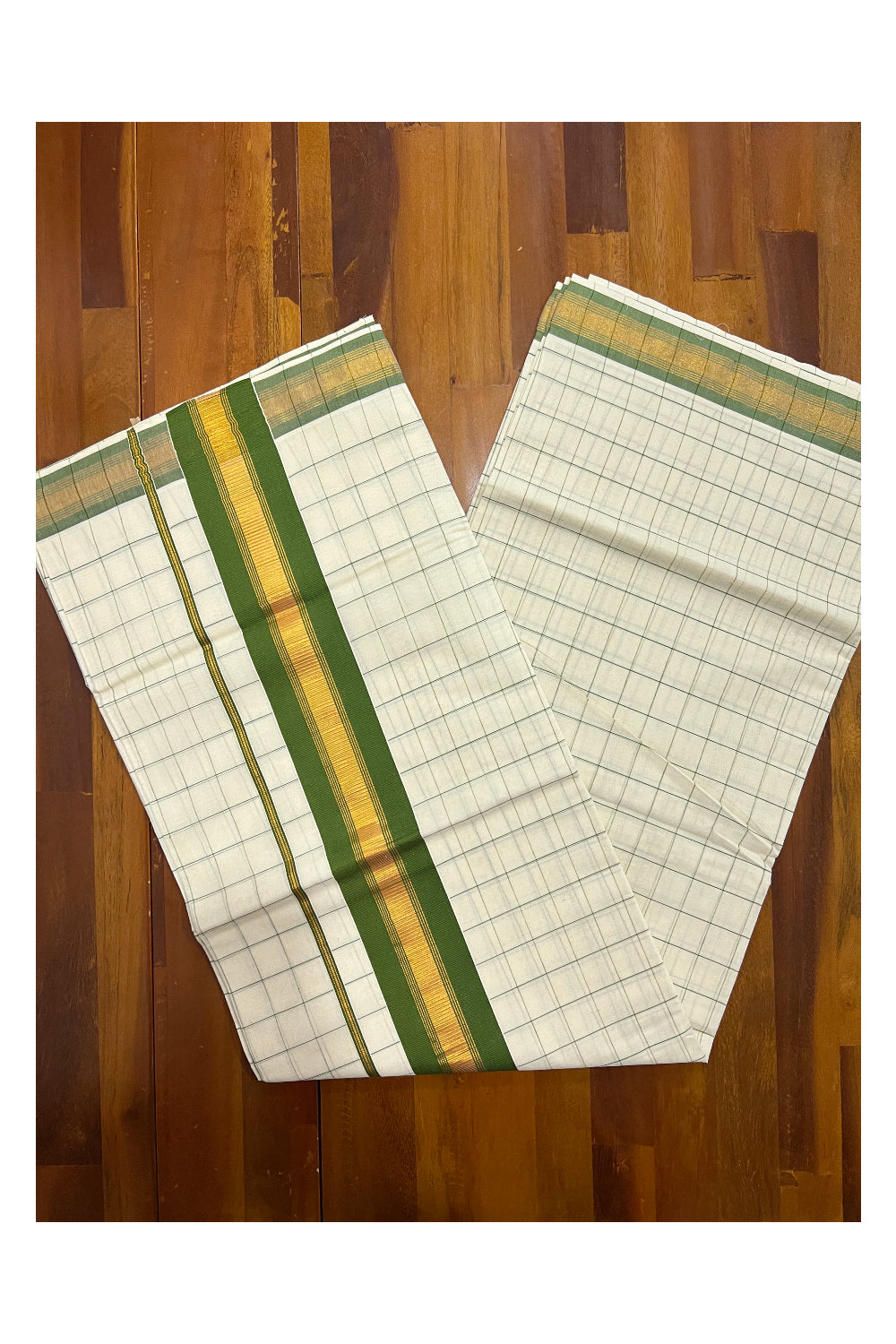 Pure Cotton Kerala Green Checkered Saree with Kasavu and Green Border