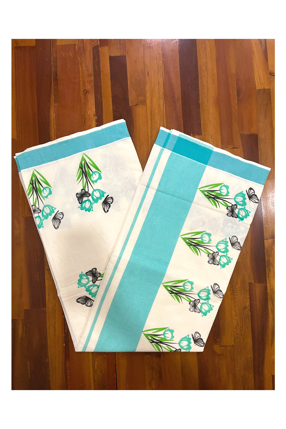 Pure Cotton Kerala Saree with Floral Block Prints and Turquoise Border